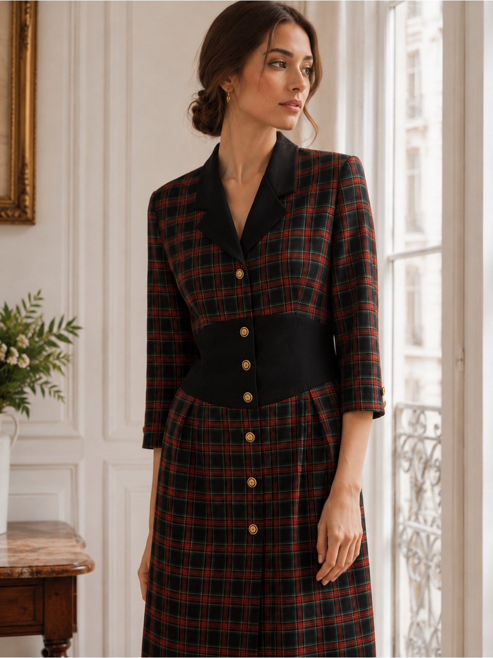 Vintage 80s Plaid Button-Up Dress | Red & Black Tartan | Small